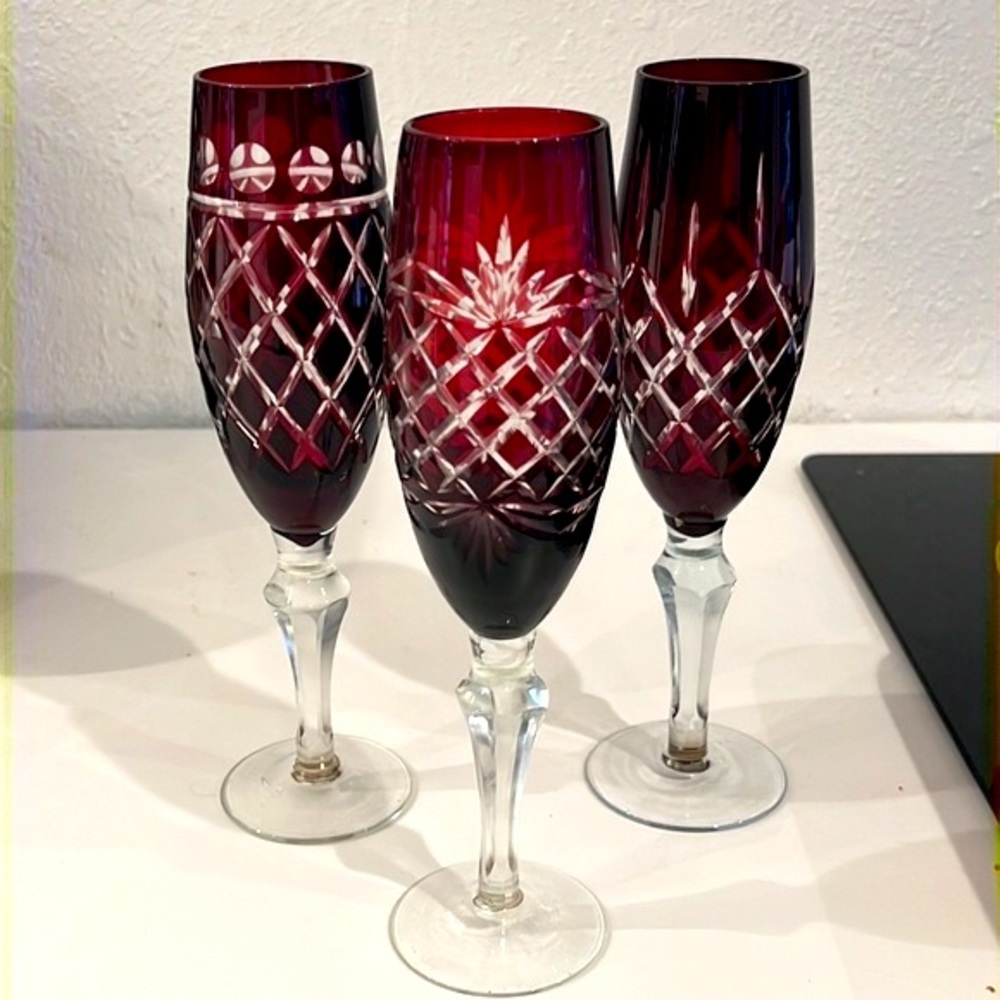 Ajka Marsala Nachtmann Bohemian Cut Crystal Ruby Red Fluted Champagne Set of 3